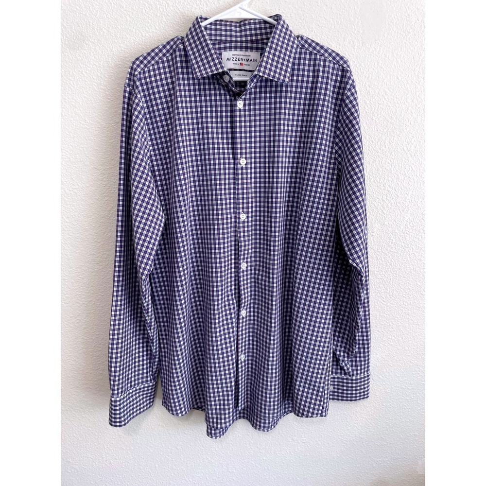 Mizzen+Main Leeward Shirt Mens XL Navy Blue Gingham Excellent Trim Fit Stretch